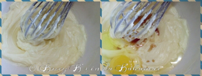 Cream butter, cream cheese and  powdered sugar.         then add egg and extracts.